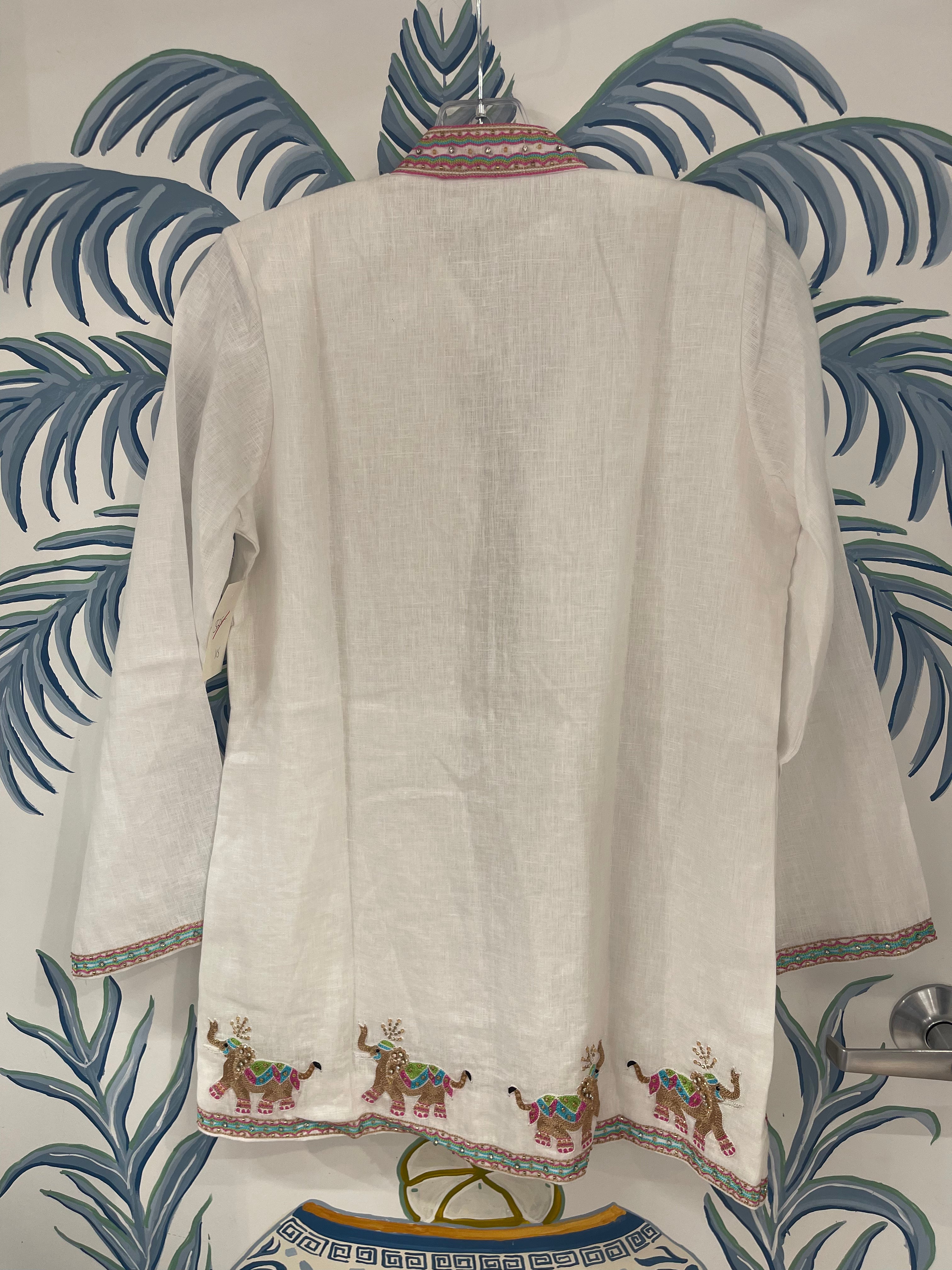 Beaded Linen Jacket | Elephants | White