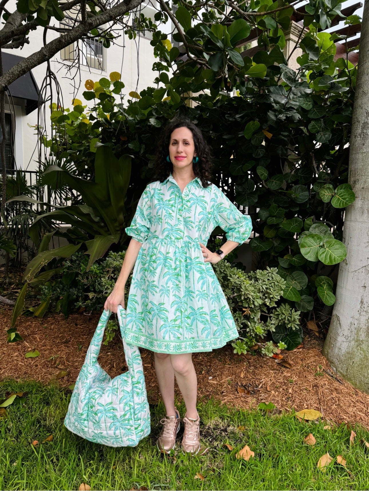 Frannie Dress | Paradise Palm | Aqua/Green on White