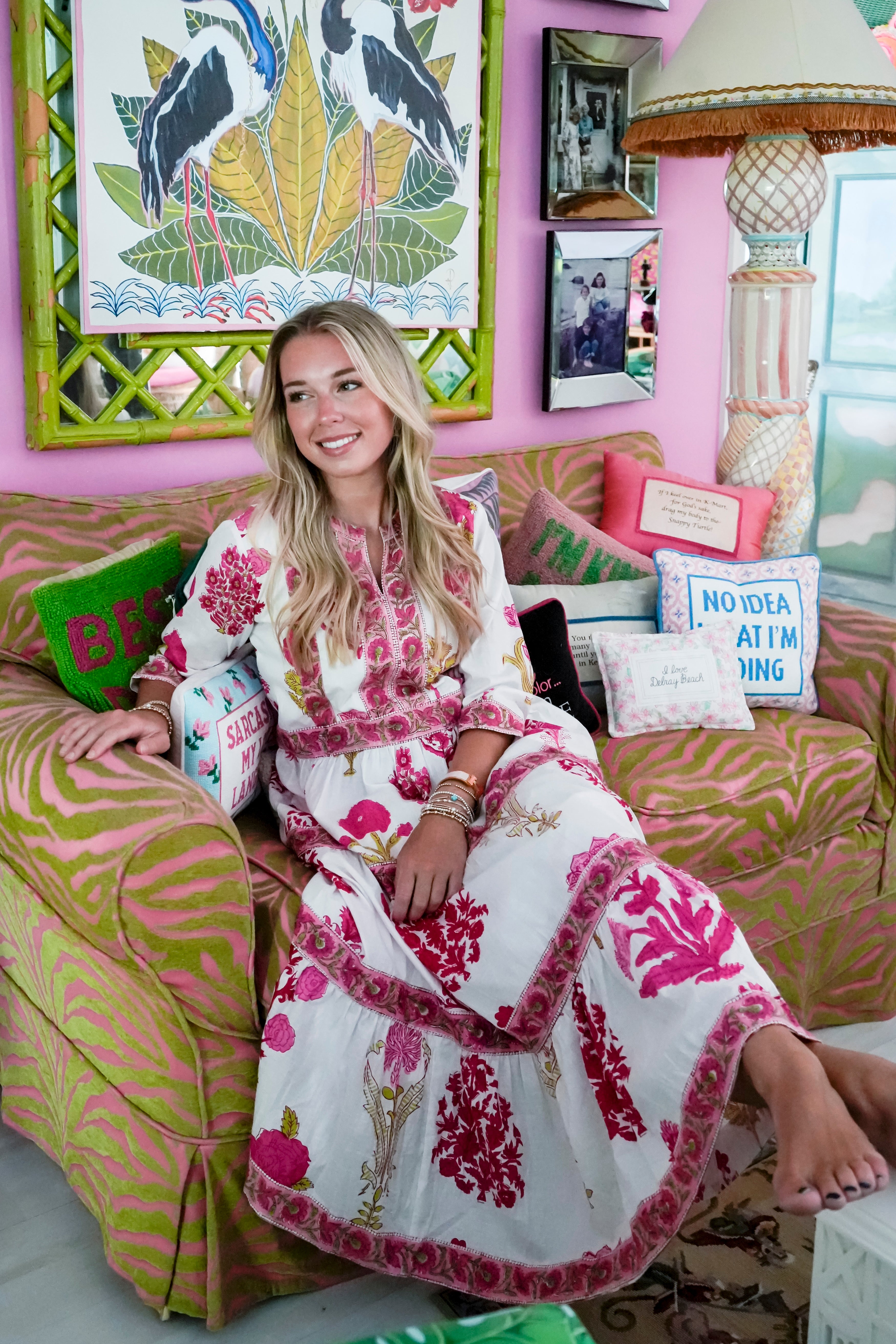 Long Willow Dress | Block Print Floral | Pink