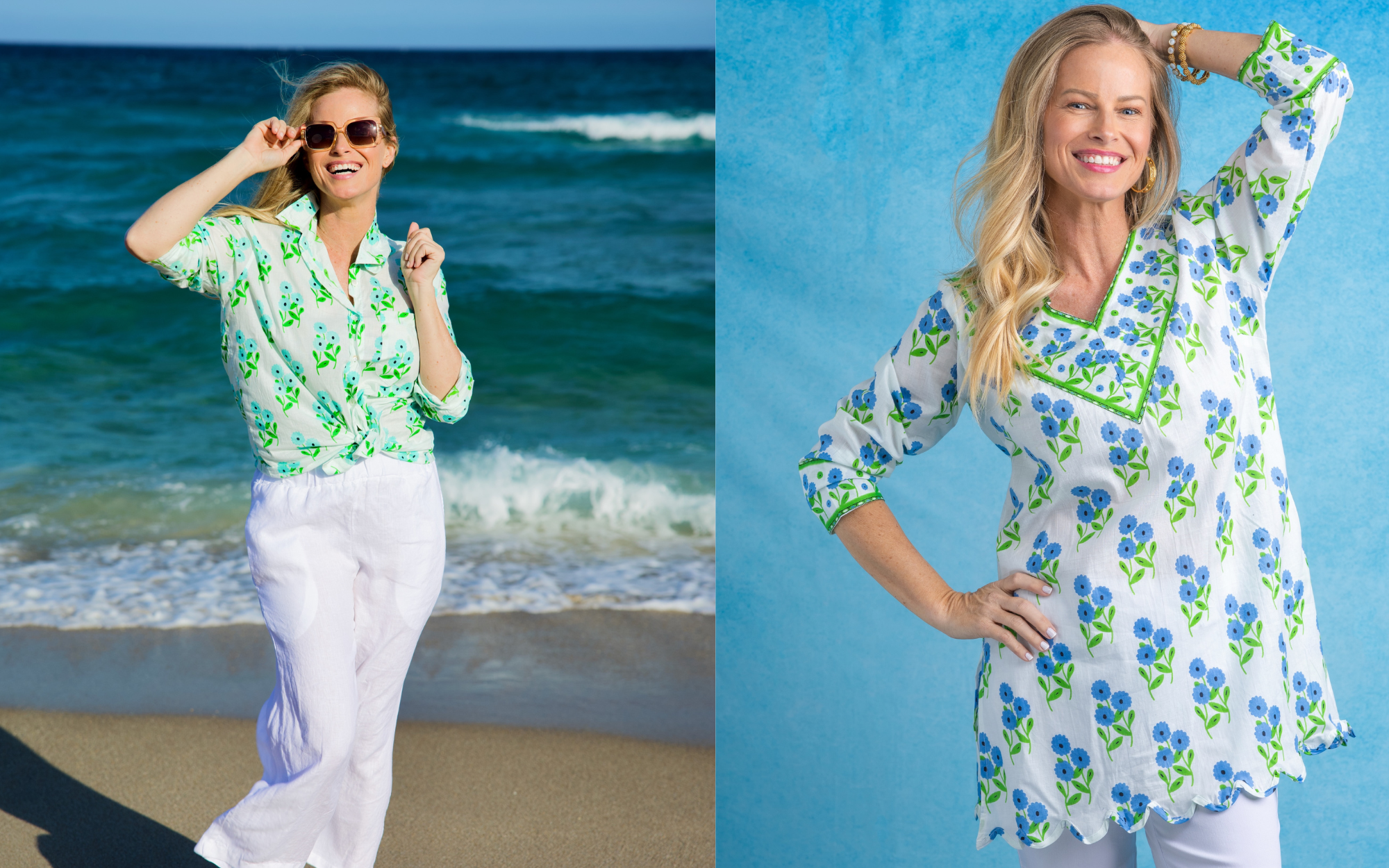 A split-screen image showing a woman modeling a white short-sleeve tunic top with a blue and green floral print. On the left, she is standing on a sandy beach with the ocean in the background, wearing white pants.