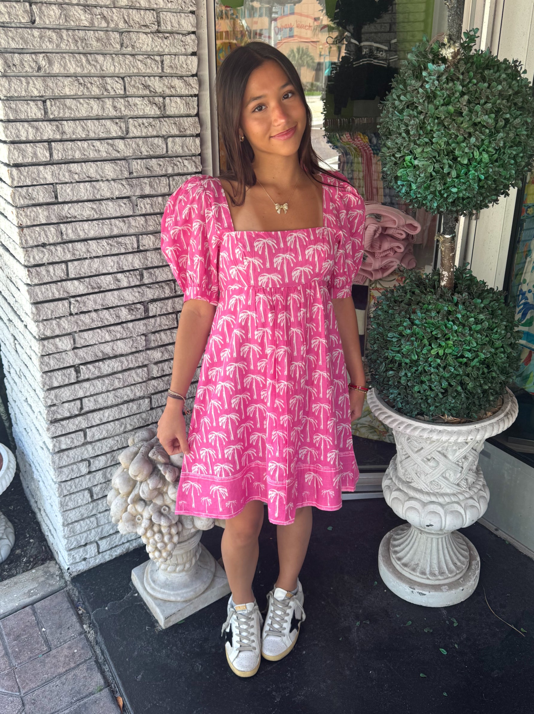 Flora Dress | Little Palms | Pink image 1