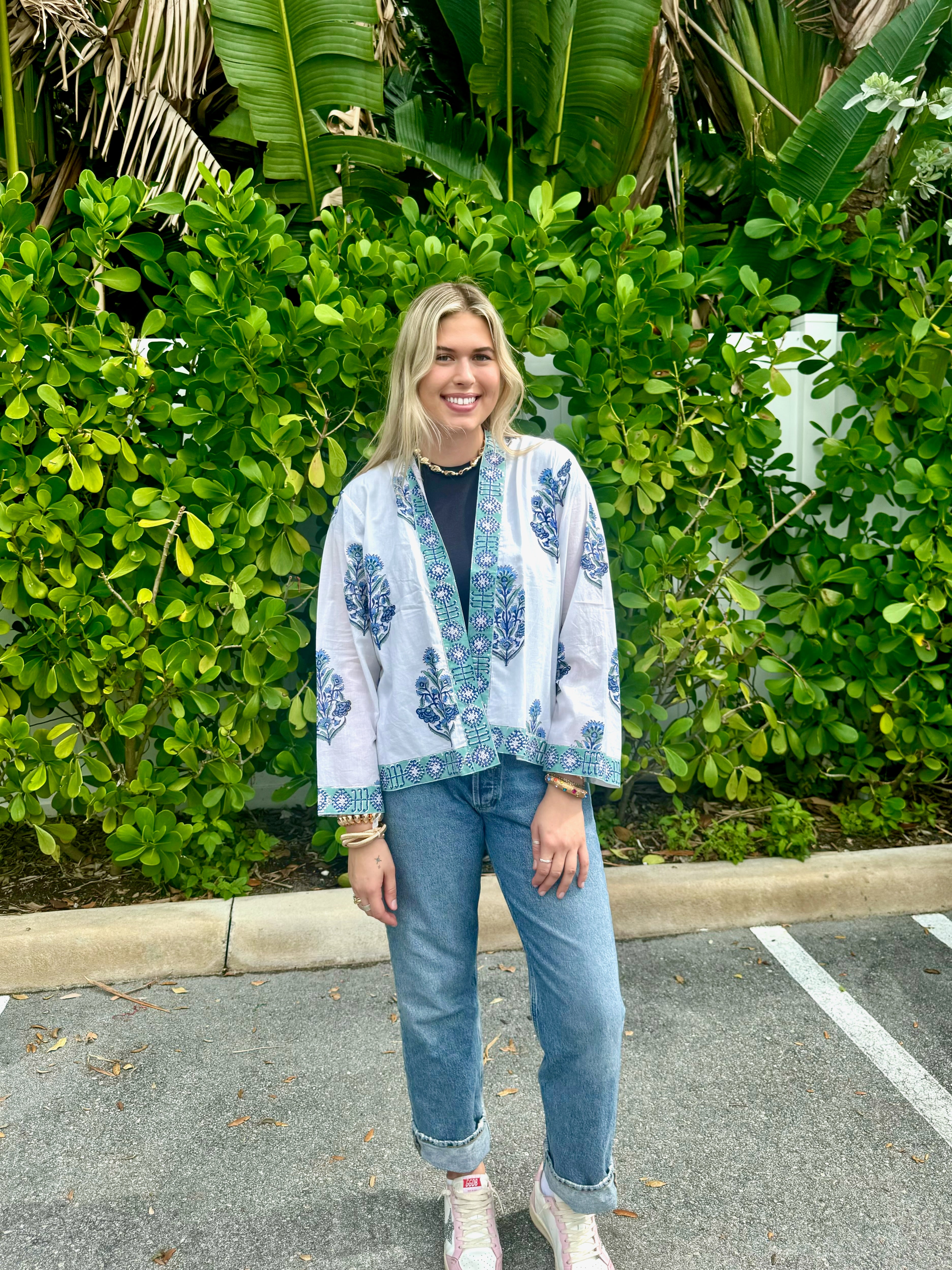 Short Kimono Jacket | Floral Tree Bouquet | Blue image 0