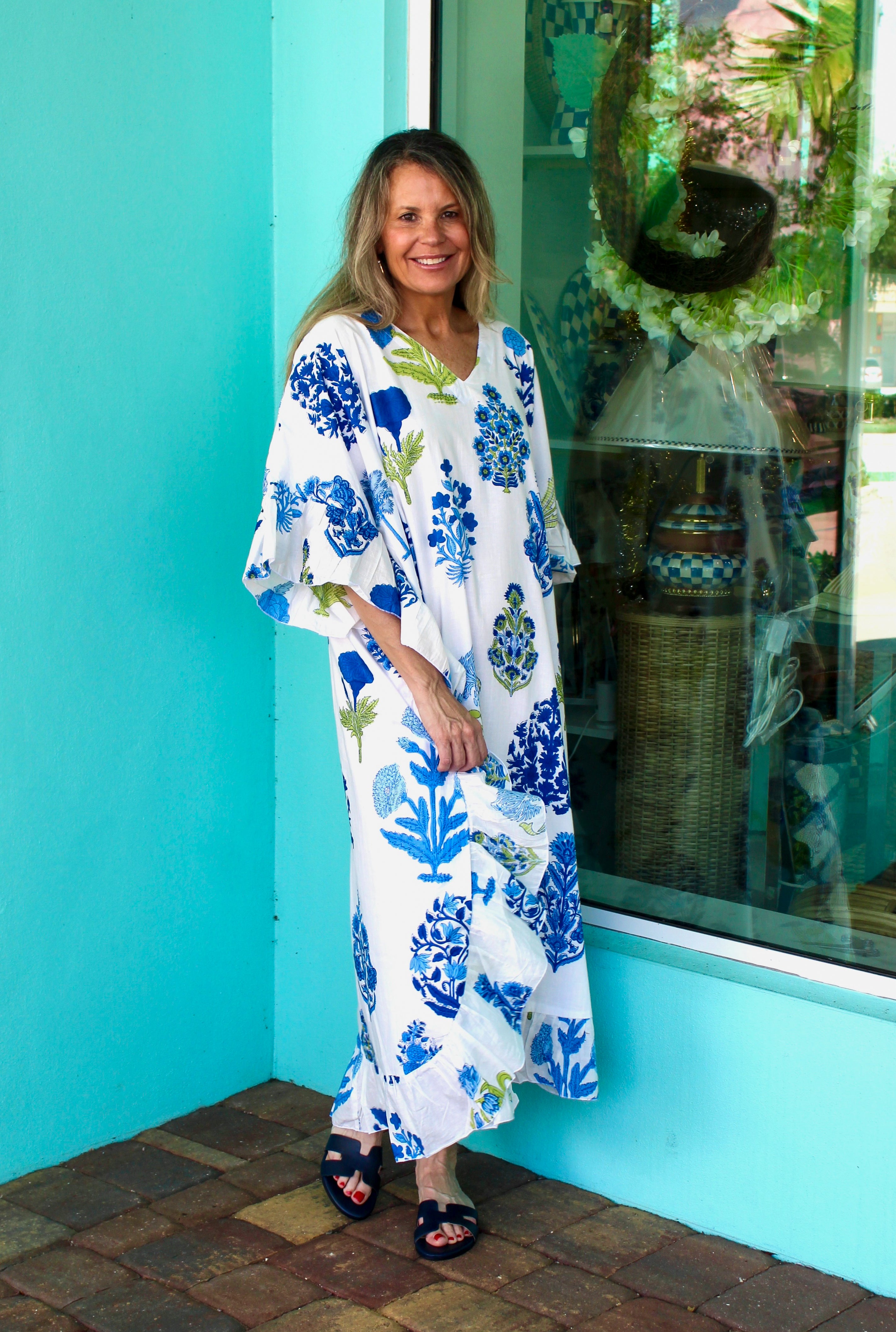 Ruffle Kaftan | Block Print Floral | Blue image 1