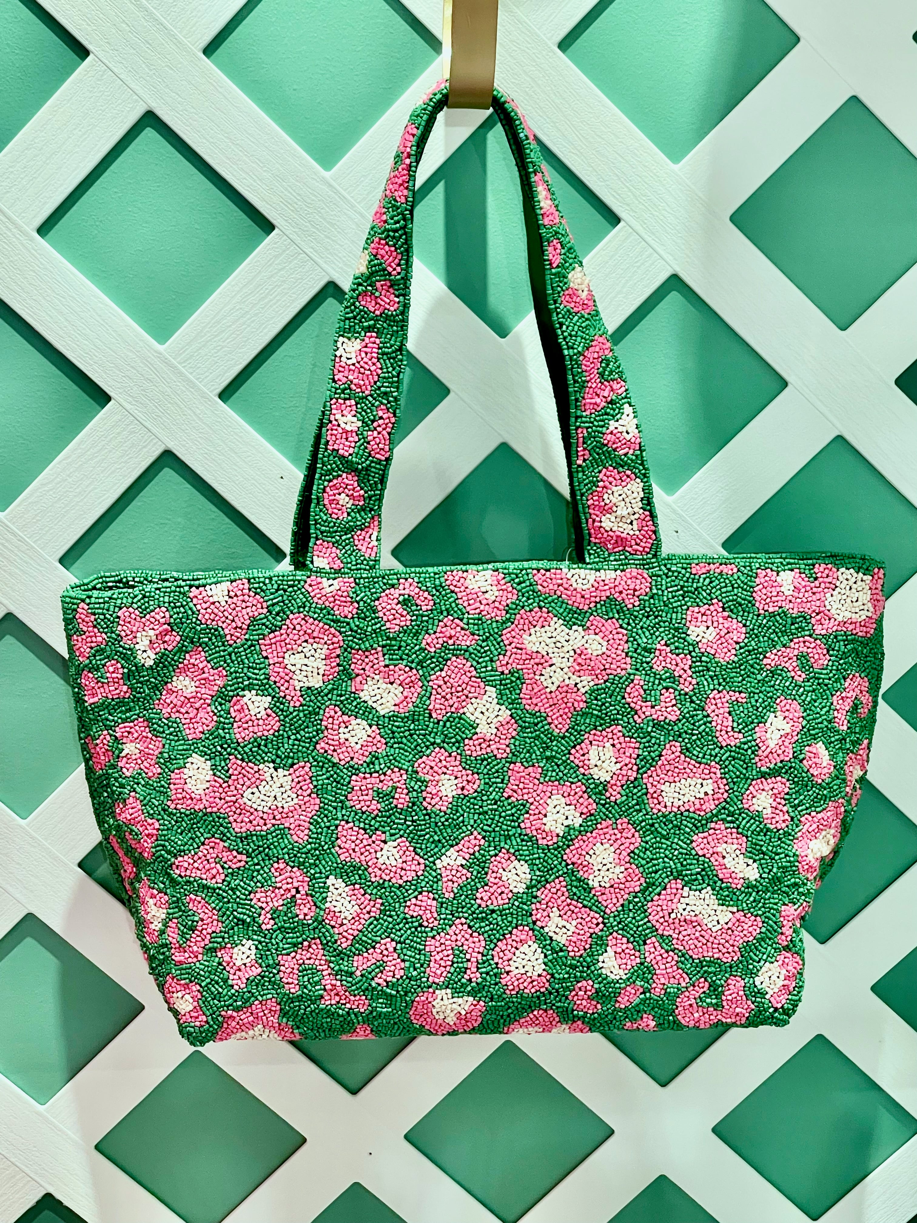 Beaded Tote | Leopard | Pink/Green image 1