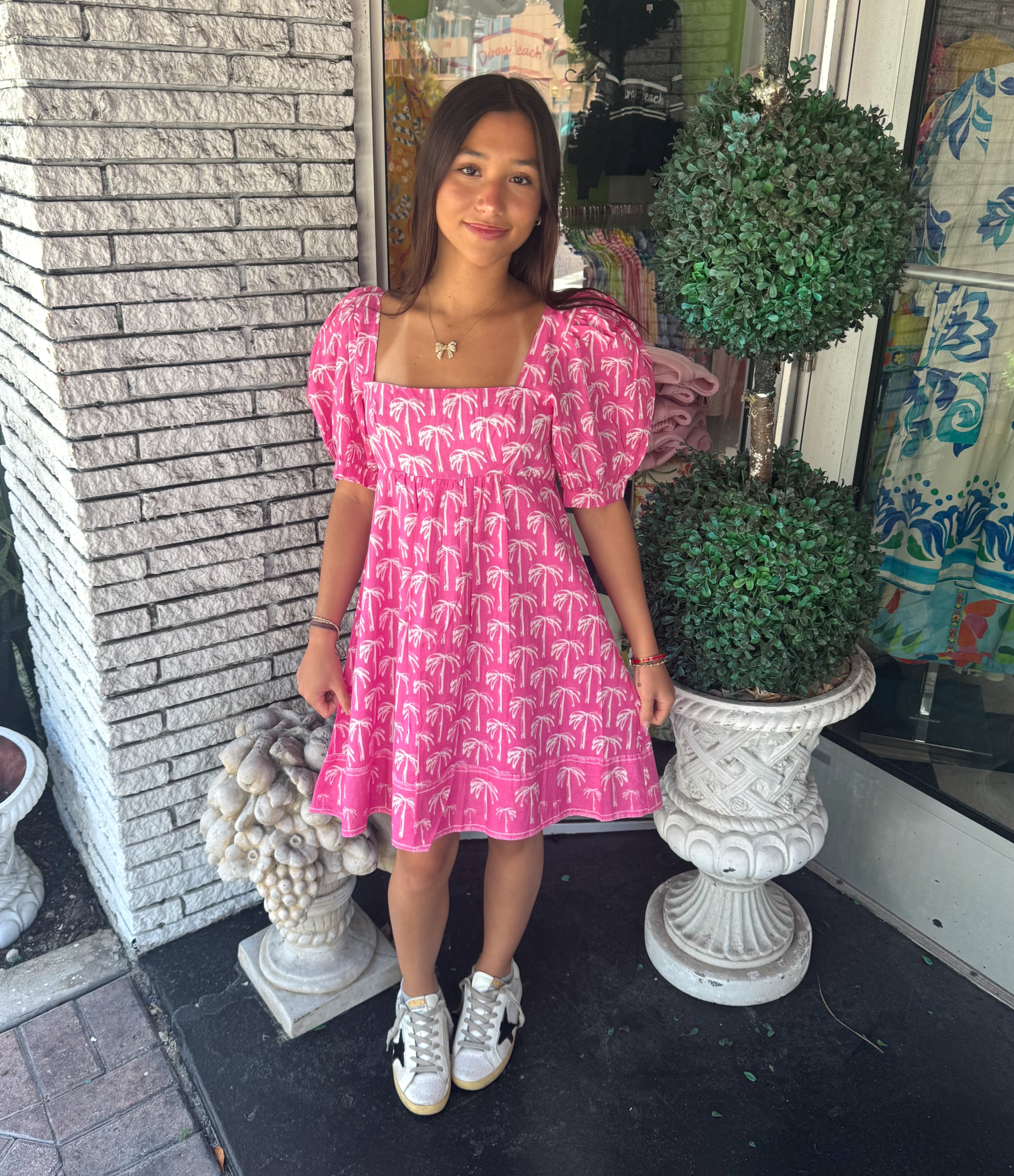 Flora Dress | Little Palms | Pink image 0