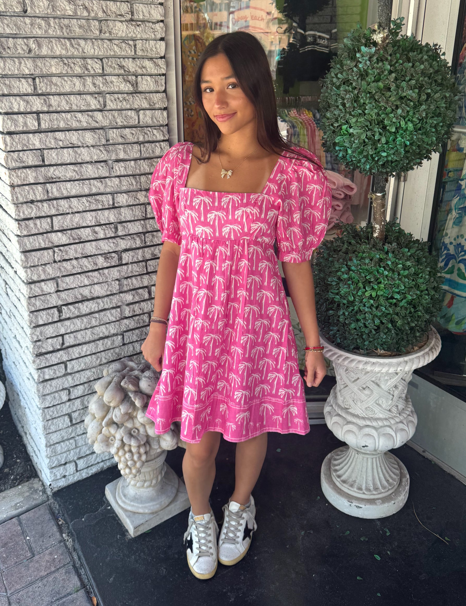 Flora Dress | Little Palms | Pink image 2