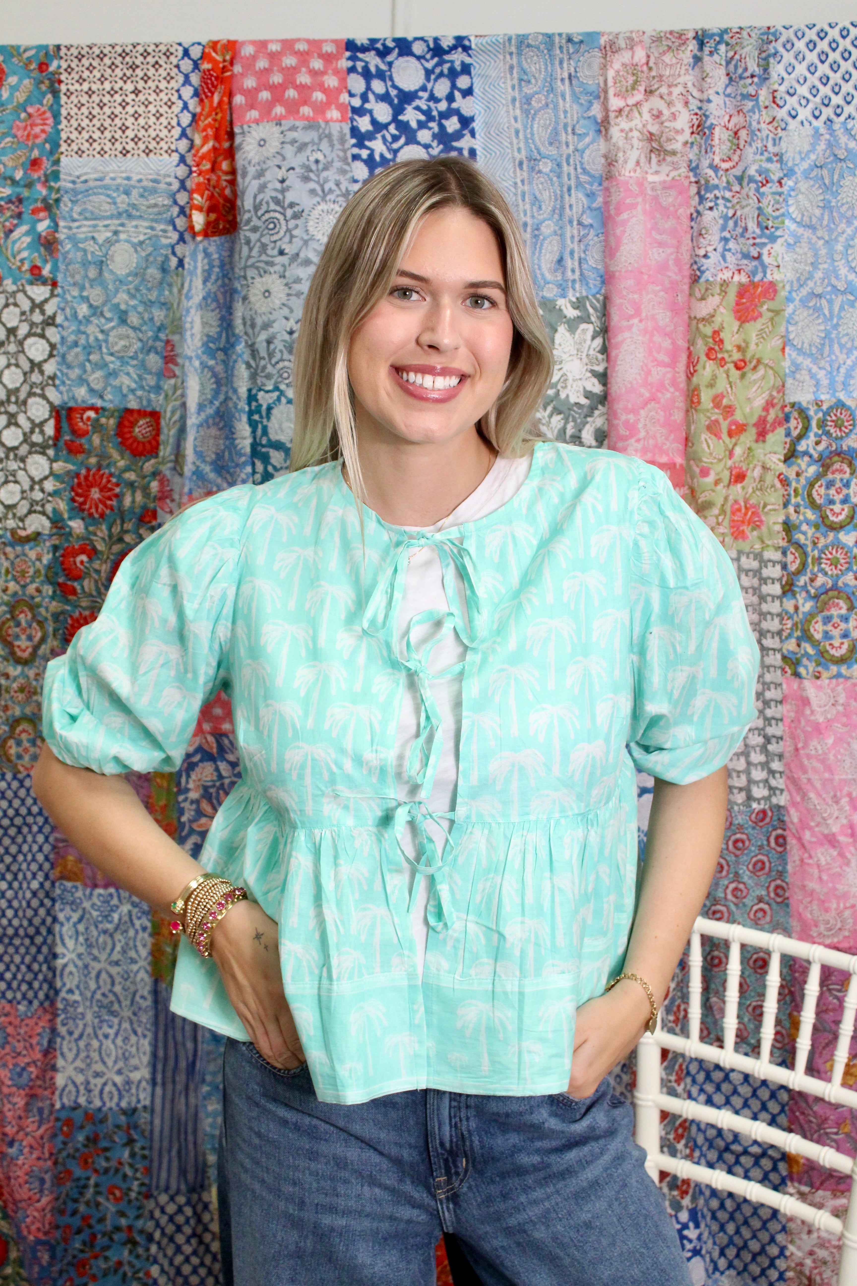 Ruffle Tie Top | Tropical Palm | Aqua image 0