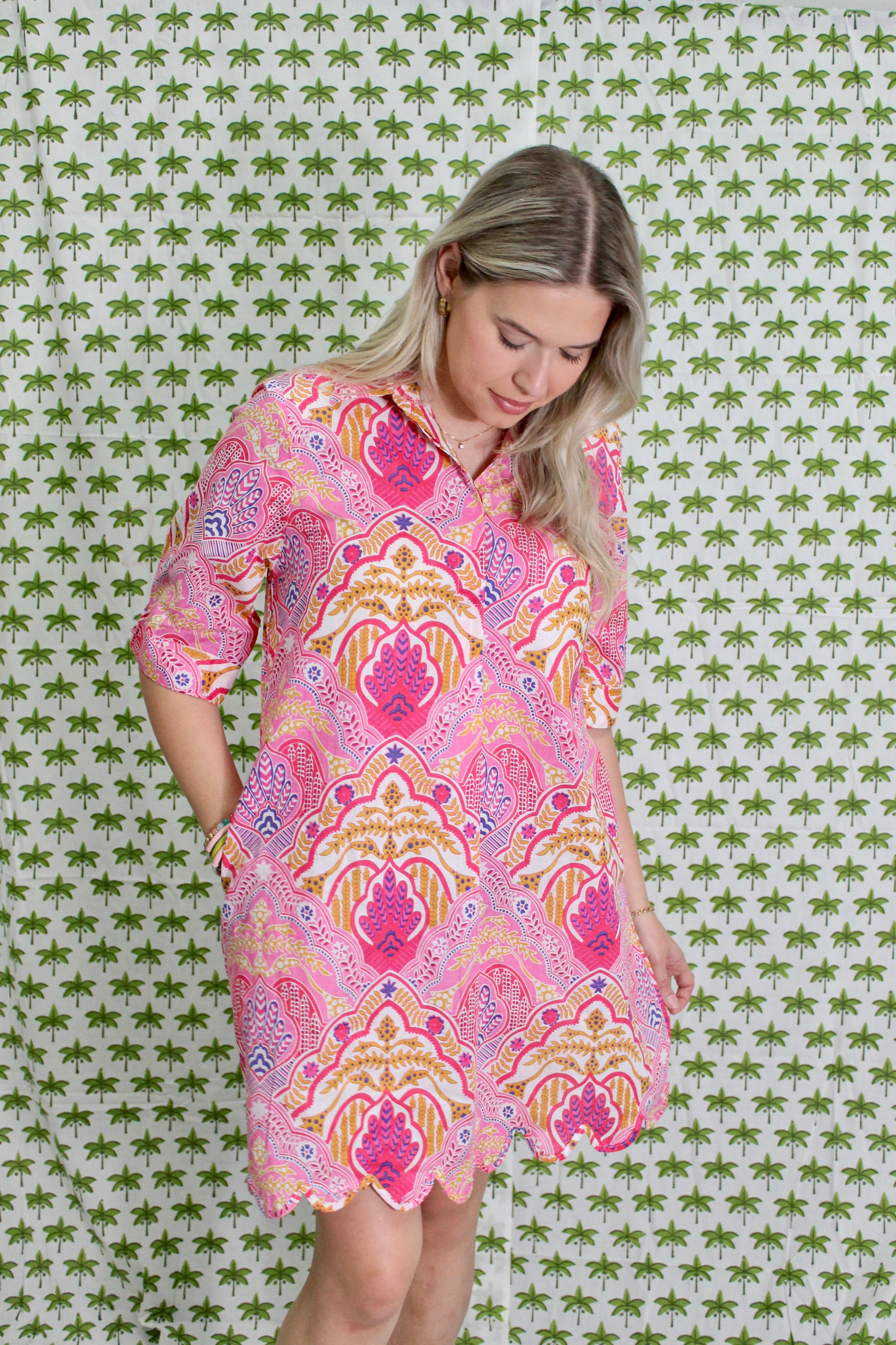 Scalloped Delray Dress | Boho Medallion | Pink image 0