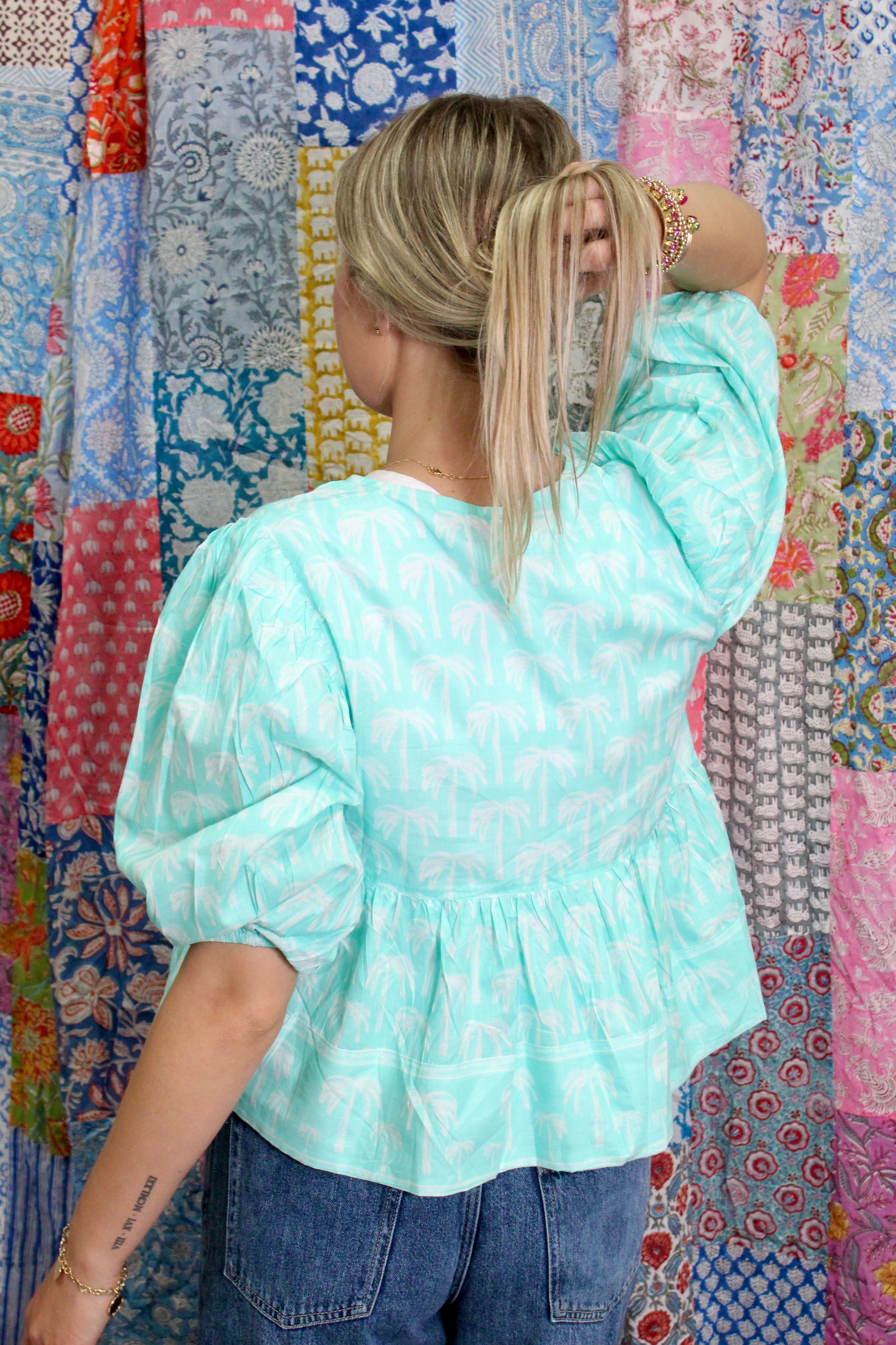 Ruffle Tie Top | Tropical Palm | Aqua image 1