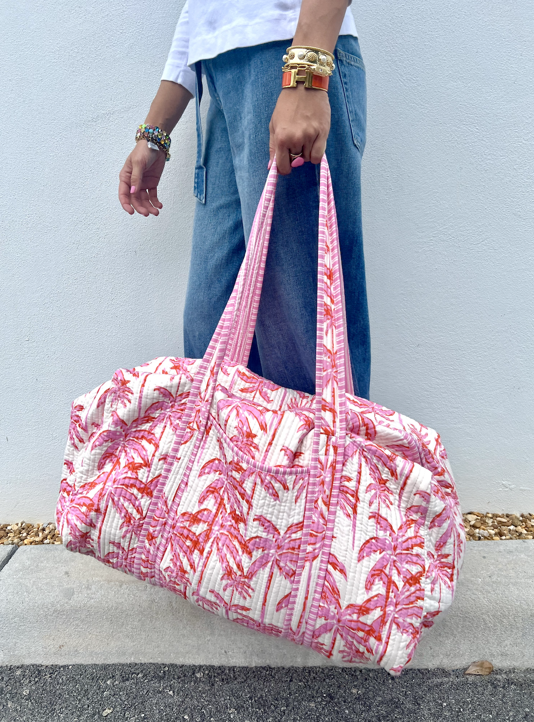 Block Printed Duffle | Paradise Palm | White/Pink image 0