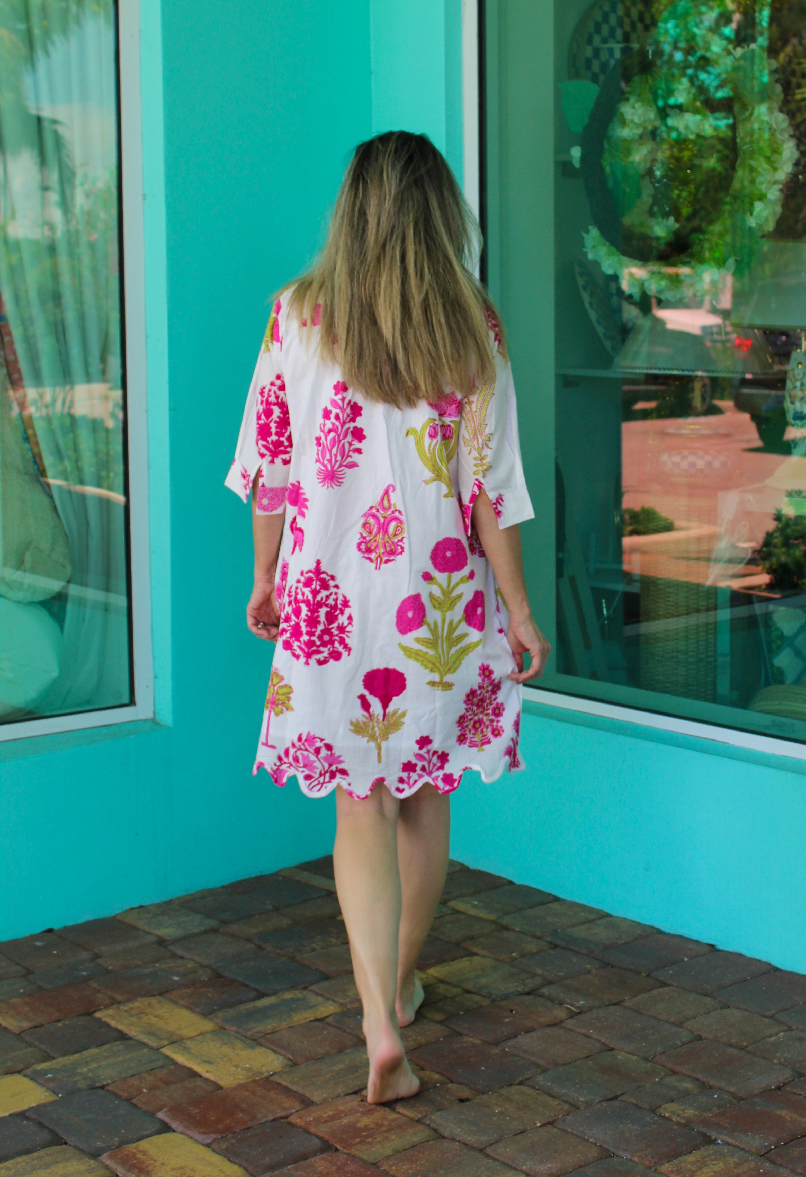 Scalloped Delray Dress | Block Print Floral | Pink image 1