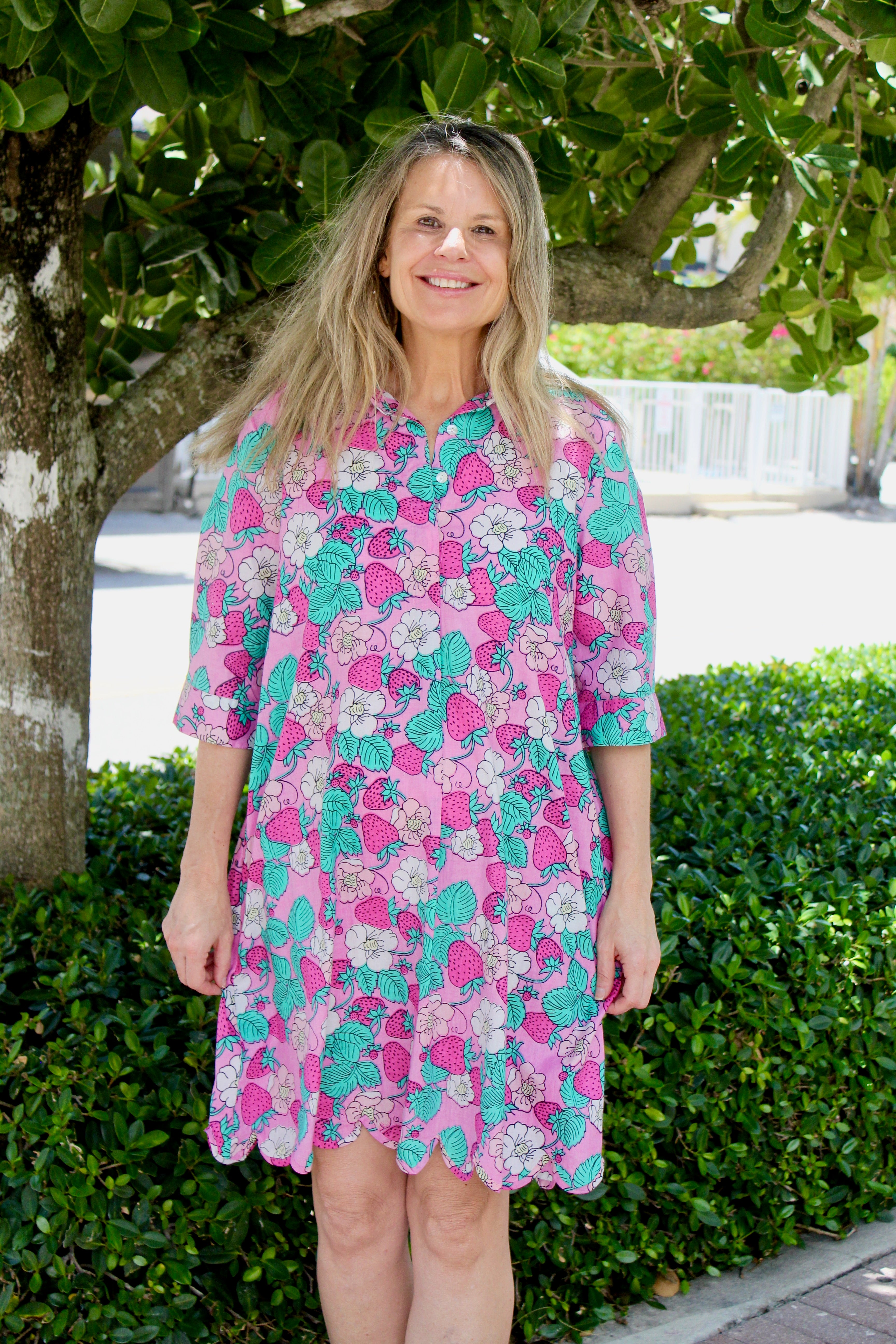 Scalloped Delray Dress | Vintage Strawberries | Pink image 0