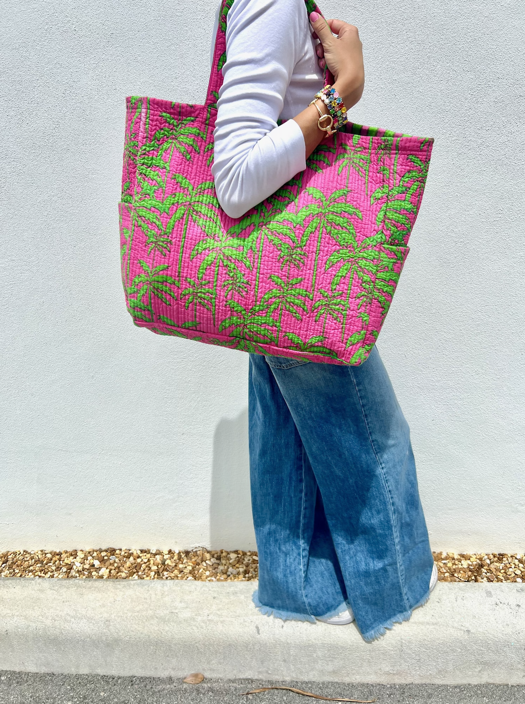 Block Printed Tote | Paradise Palm | Pink/Green image 0