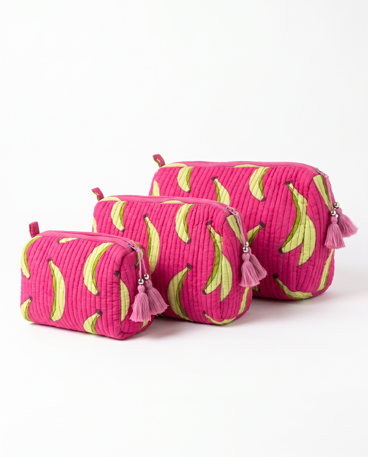 Quilted Cosmetic Bags | Banana Print | Pink