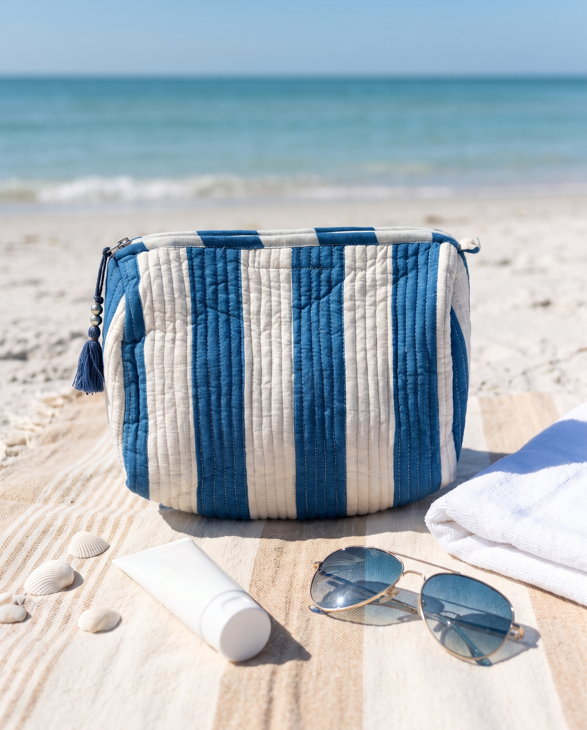 Quilted Cosmetic Bags | Cabana Stripes | Blue