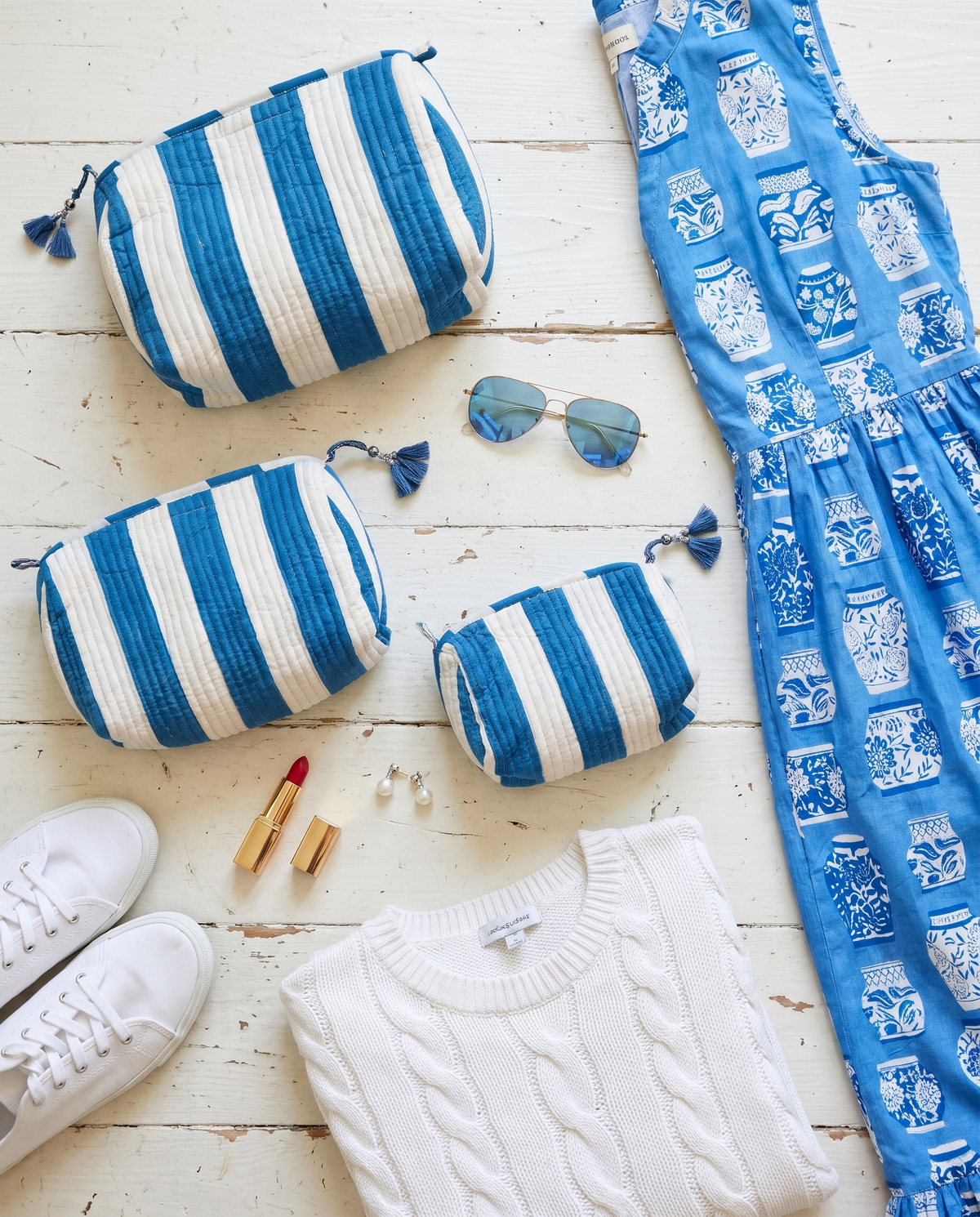 Quilted Cosmetic Bags | Cabana Stripes | Blue