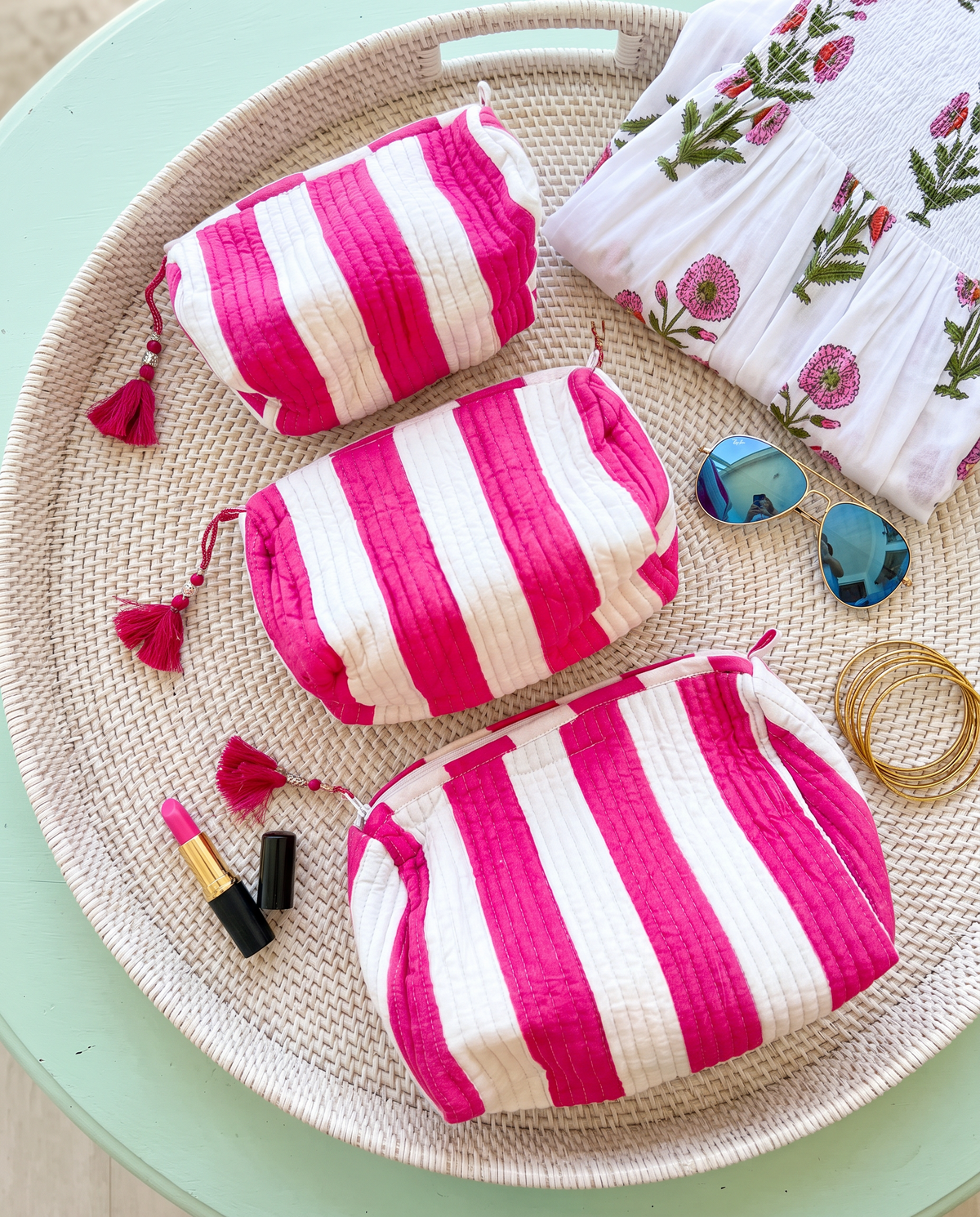 Quilted Cosmetic Bags | Cabana Stripes | Pink