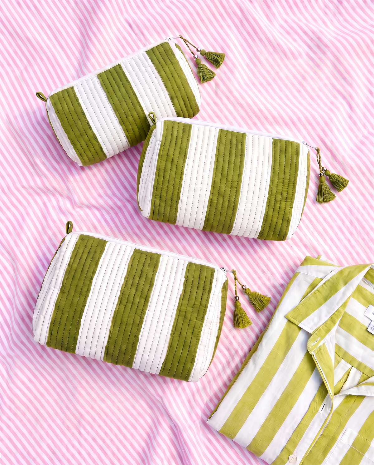 Quilted Cosmetic Bags | Cabana Stripes | Green