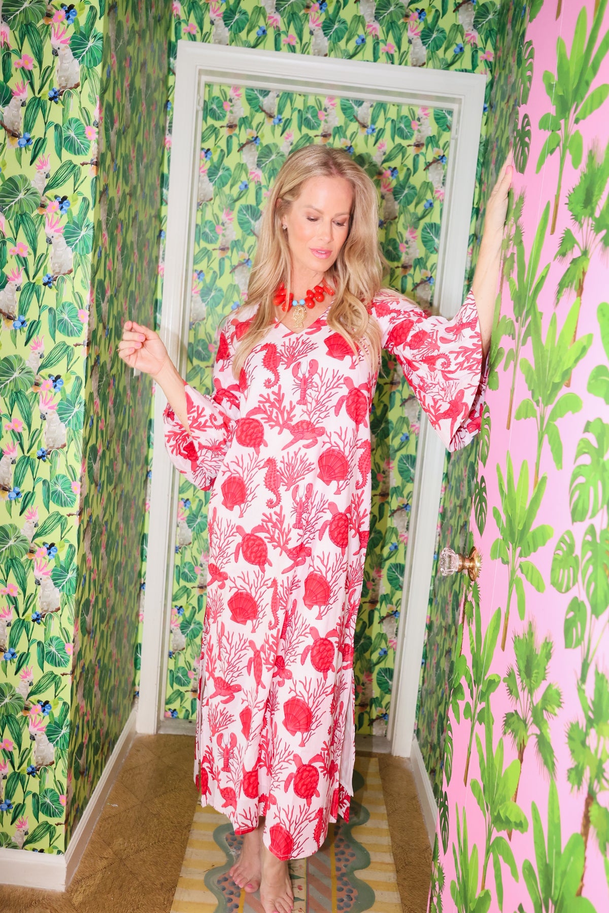 Bell Sleeve Kaftan | Sea Life | Red